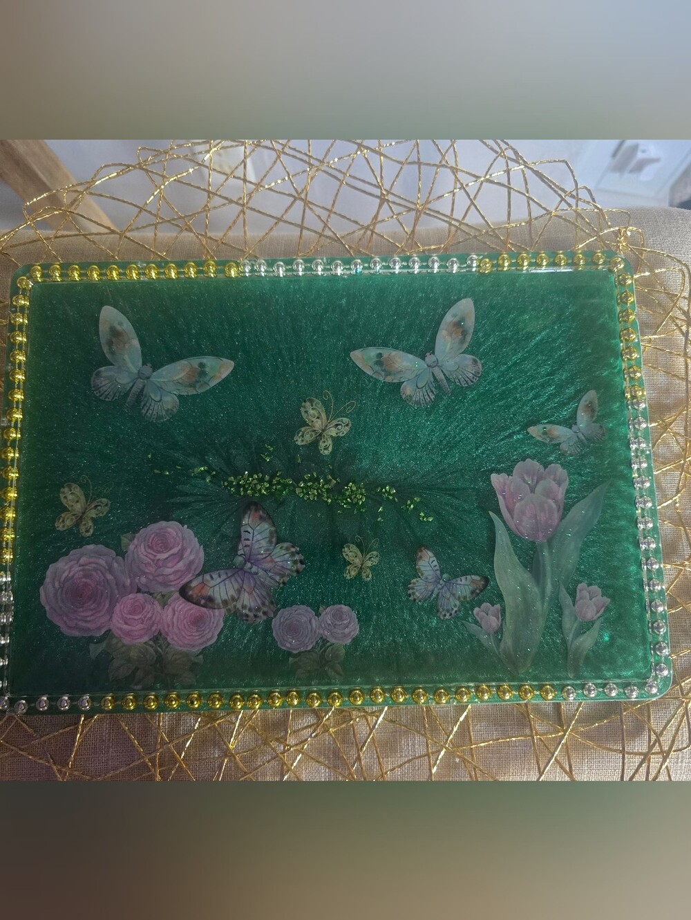 Green Butterfly & Floral Decorative Clutch Tray 11x8